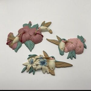 Set of 3 Vintage Burwood Pink / Green Hummingbird Wall Decor #3303